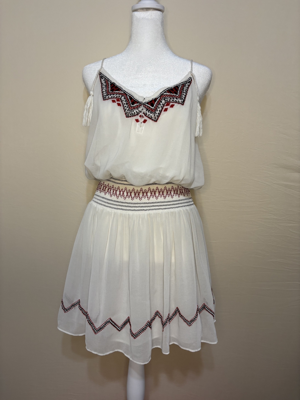 Free People Penny Georgette Love Bird Embroidered Mini Dress Cream White Sz M